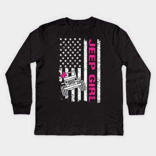 Jeep Girl American Flag Jeep Women Cute Ribbon Jeep Kids Long Sleeve T-Shirt